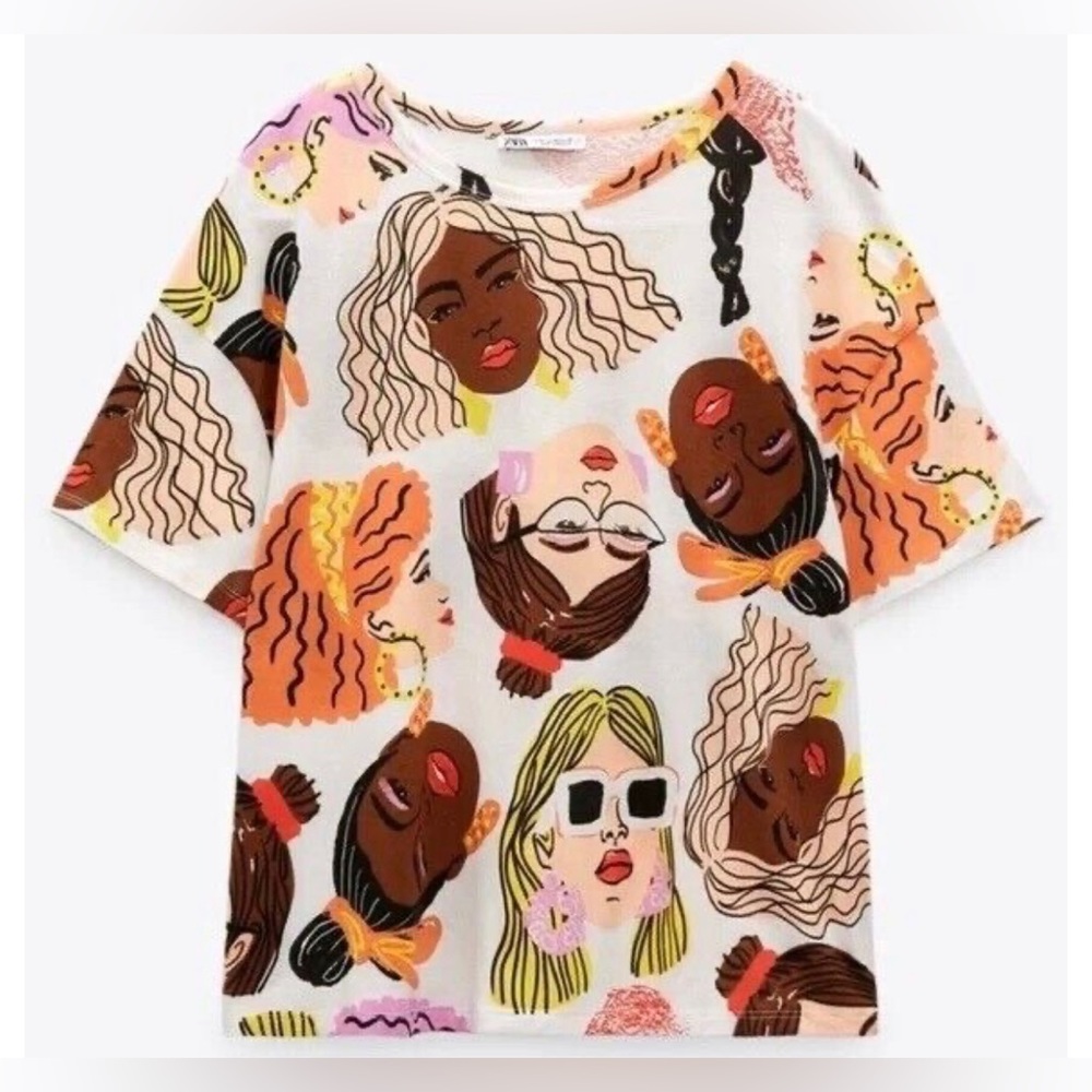 zara cropped sisterhood faces t shirt, size s